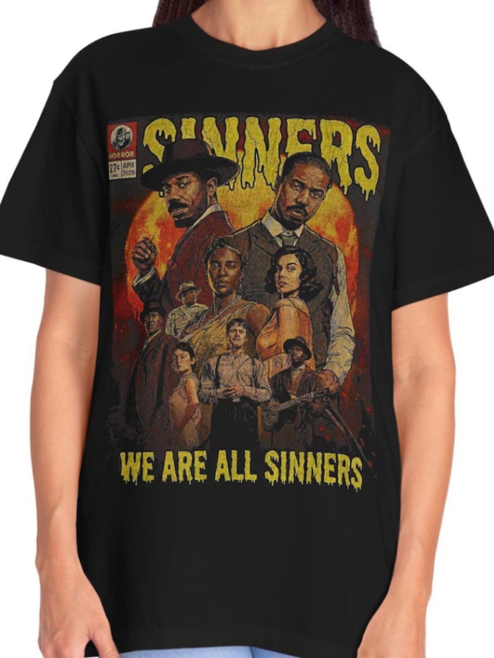 Black Short-Sleeve Graphic Tee with Yellow & Orange 'Sinners' Artwork